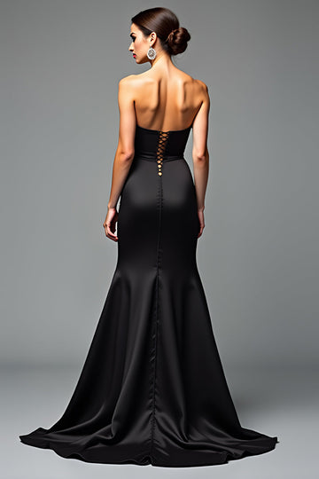 Mermaid Strapless Black Tie Dress With Slit